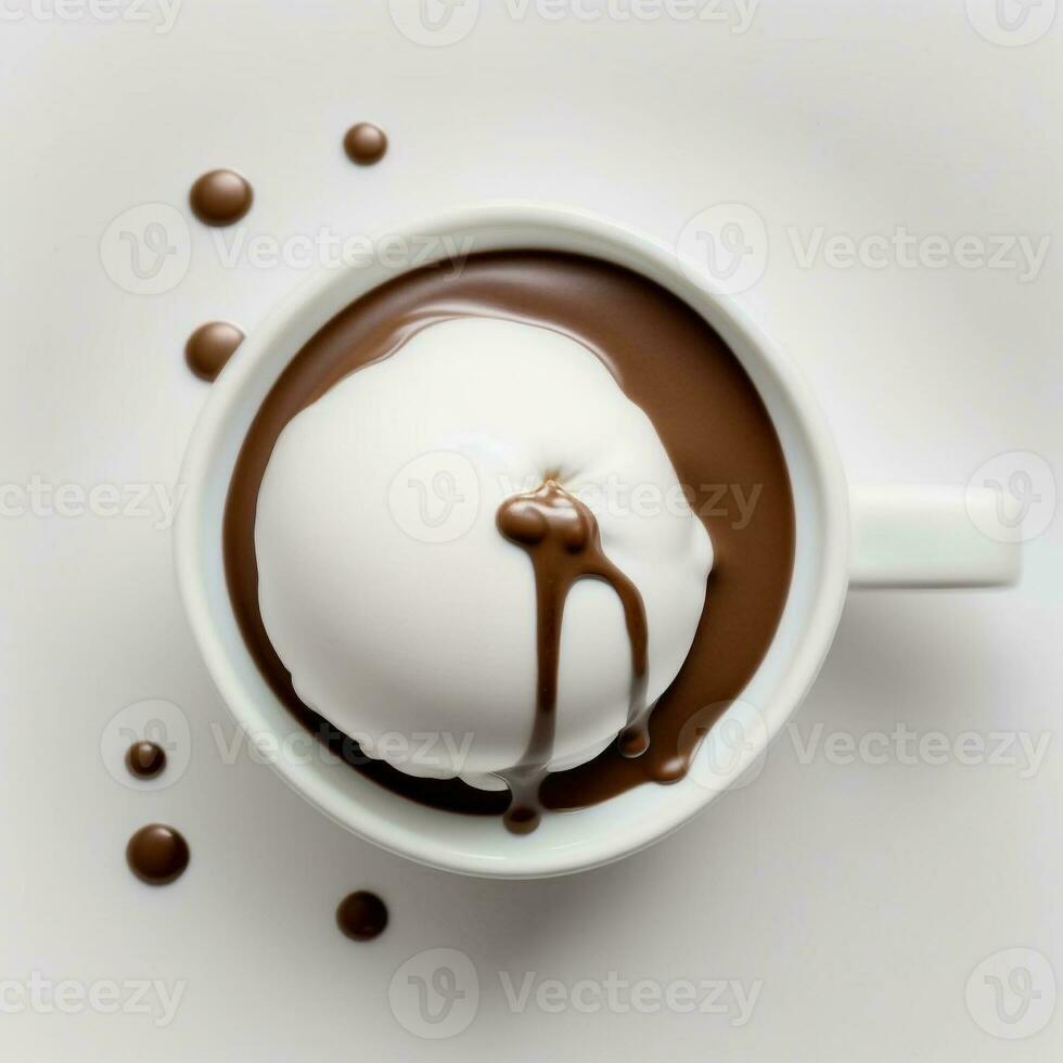 A white porcelain cup with hot chocolate in which a scoop of ice cream floats photo