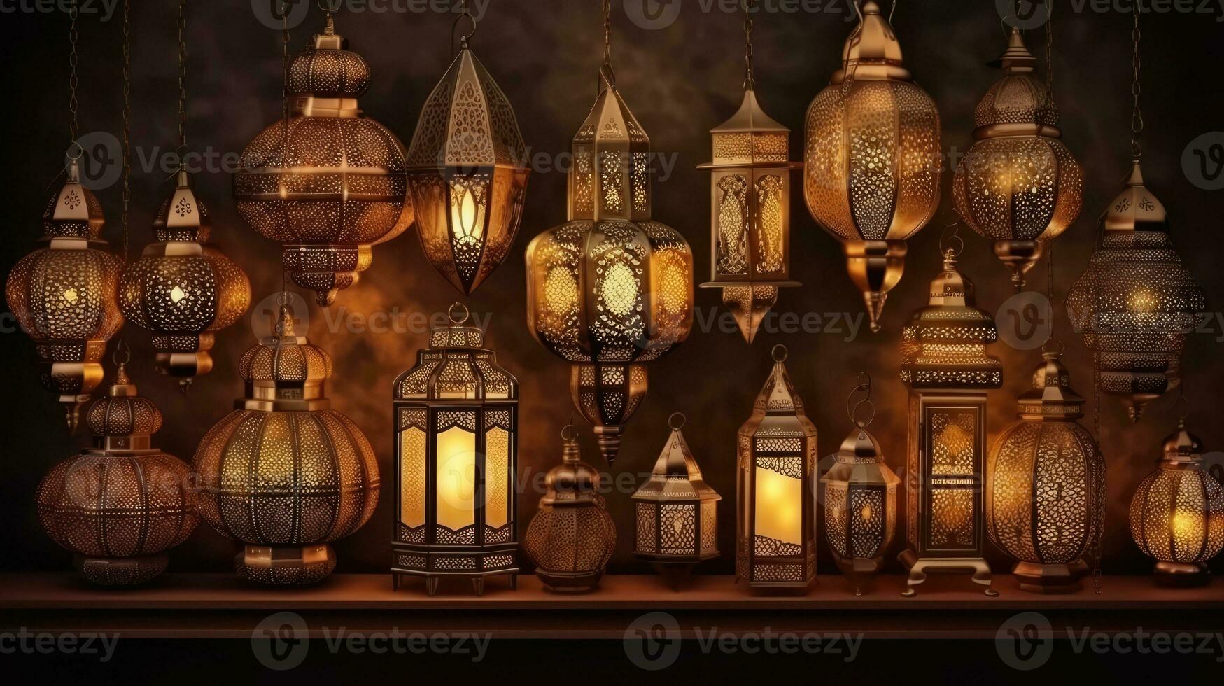 Islamic holiday background. Muslim Holy Ramadan Kareem Ornamental Arabic Lantern metal. Ai generated photo