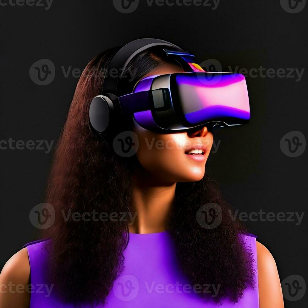 Tanned woman wearing VR headset, Black Background photo
