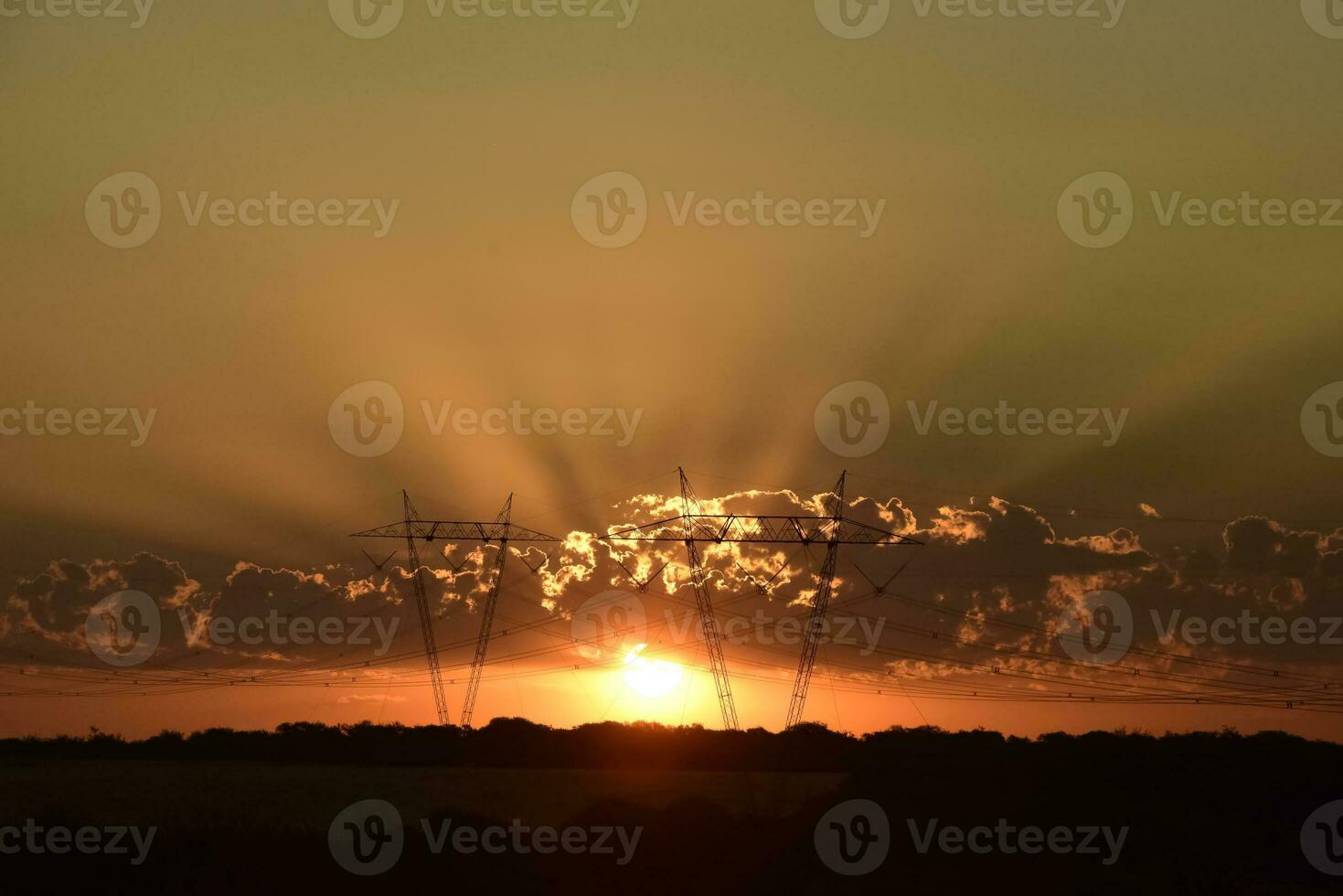 High voltage power line at sunset, Pampas, Argentina photo