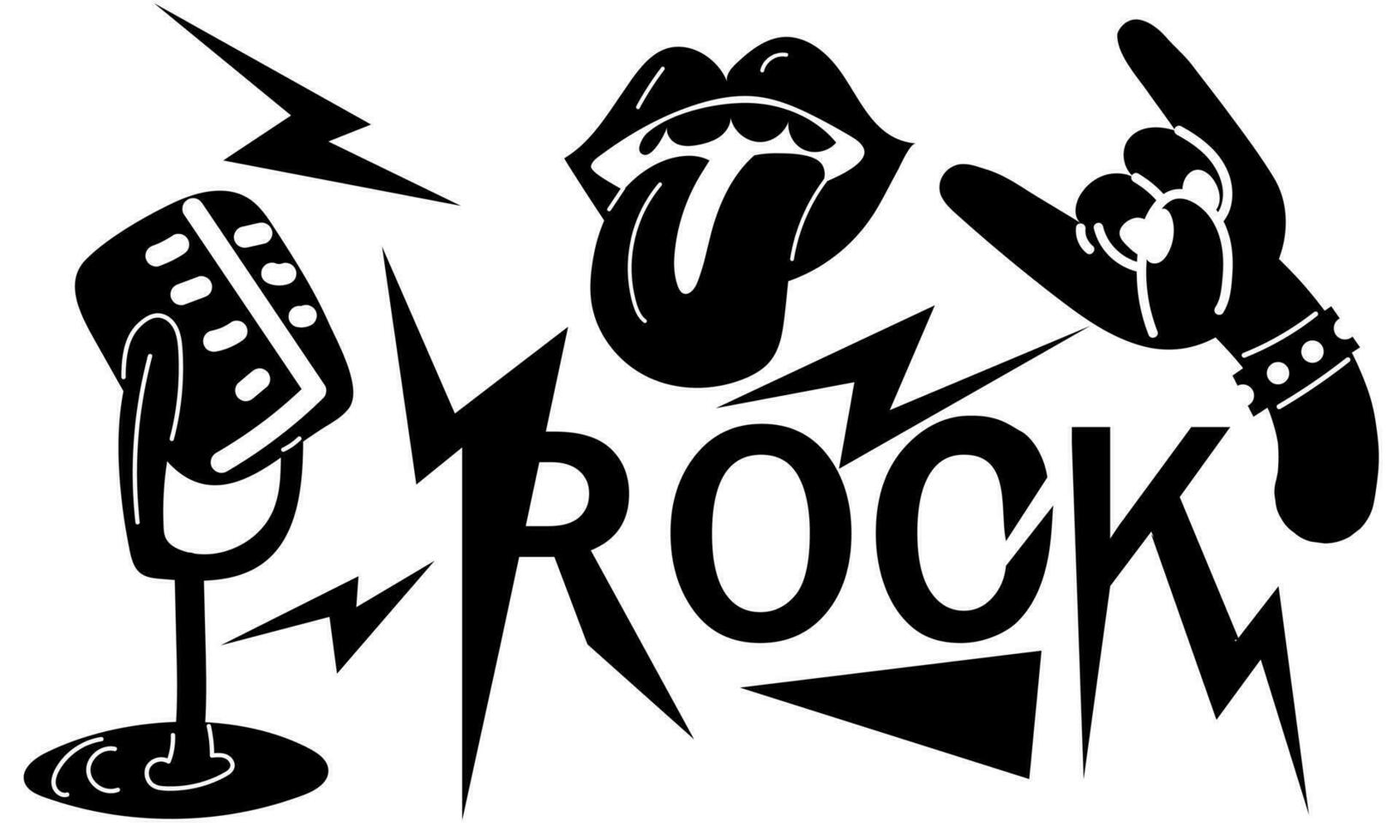 A set of elements of punk rock and roll. Vector illustrations of hard rock, signs, lightning microphone, tongue, hands. Cartoon rock star badges for music group, concert, party. Isolated on a white
