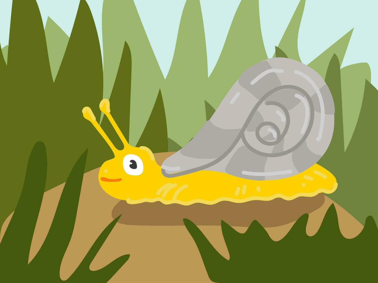 Illustration of a cartoon snail in the grass on the ground. An illustration with a funny snail. A yellow snail at its usual place of residence. Children's illustration, printing for children's books vector