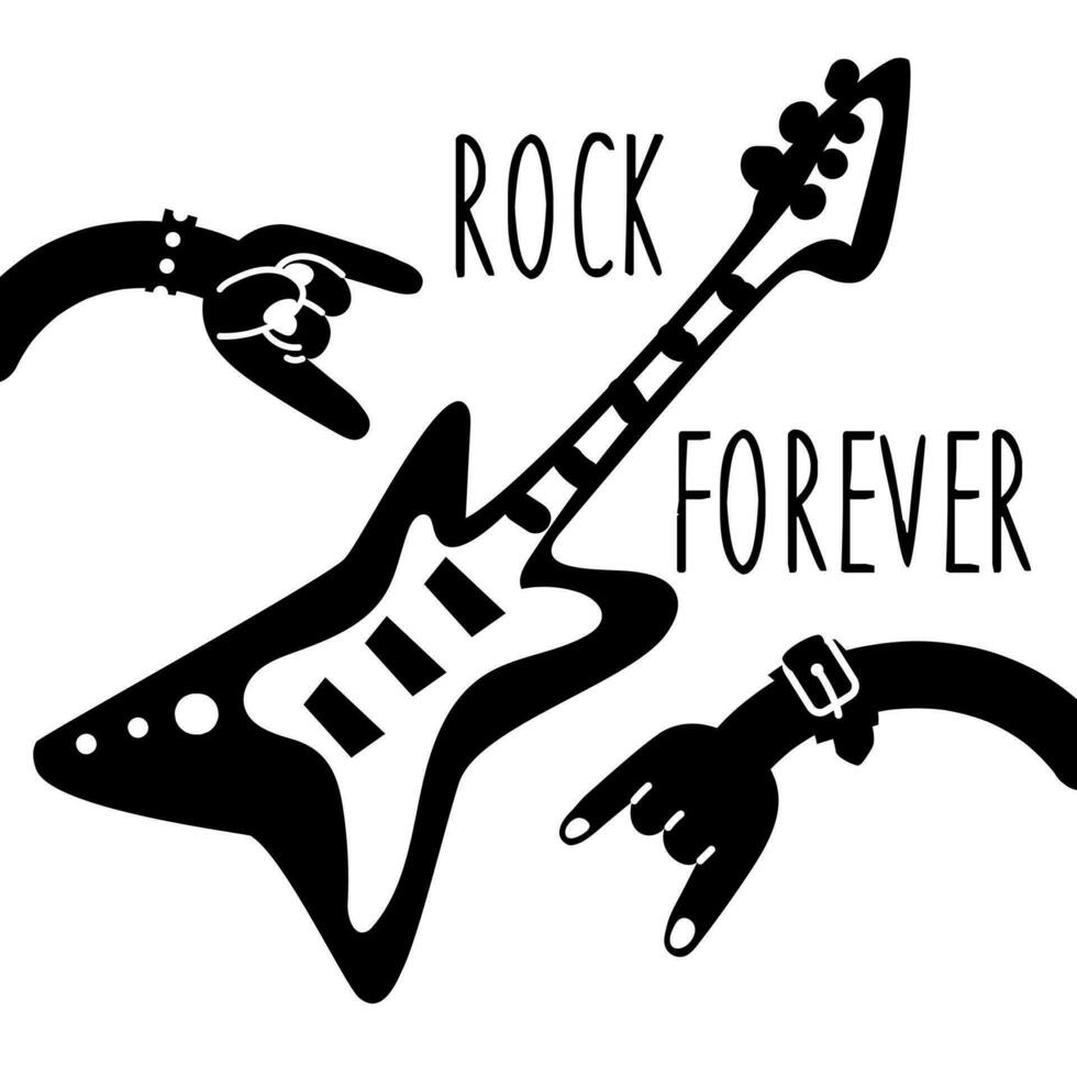 dibujado a mano póster de un rock festival. un par de manos con un rock firmar y un guitarra en negro. el rock y rodar signo. rock manos con guitarra en blanco antecedentes. impresión para conciertos vector