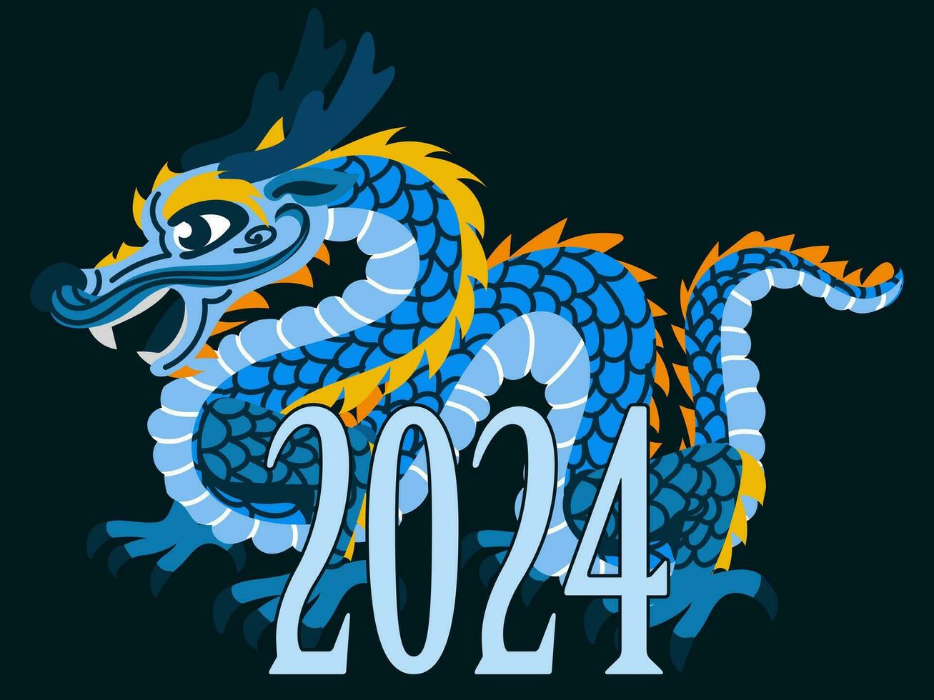 The Asian blue dragon is standing next to 2024. The inscription was made in the Chinese year of the dragon. Happy New Year. Symbol 2024. Vector illustration of the Bright Dragon Festival