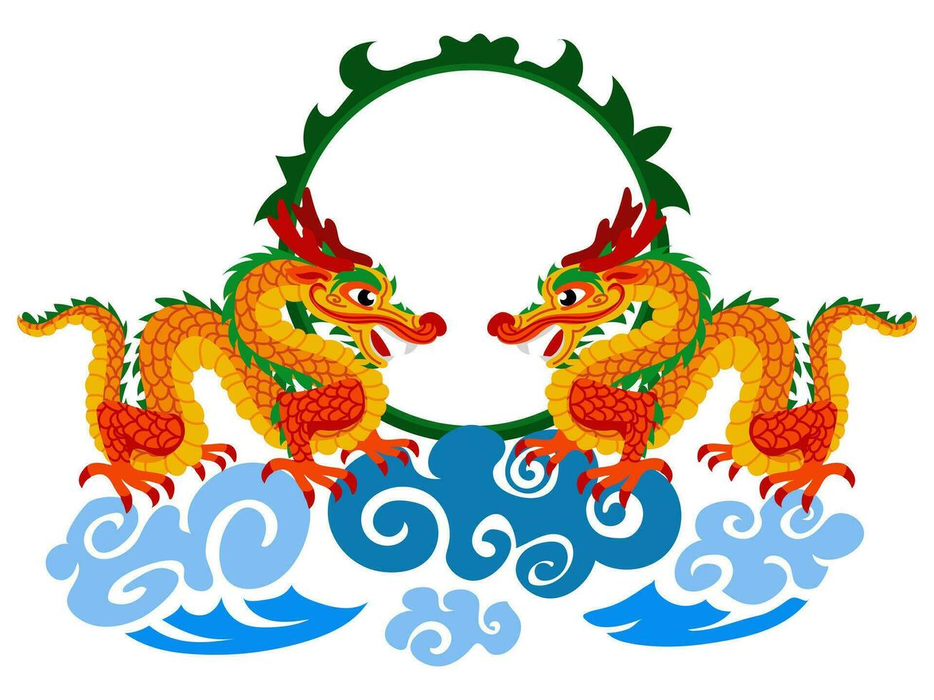 A vivid concept of a Japanese fantasy festival dragon. Two dragons on clouds with a frame. Cartoon dragons in juicy colors for a holiday on a white background. Oriental theme of the holiday vector