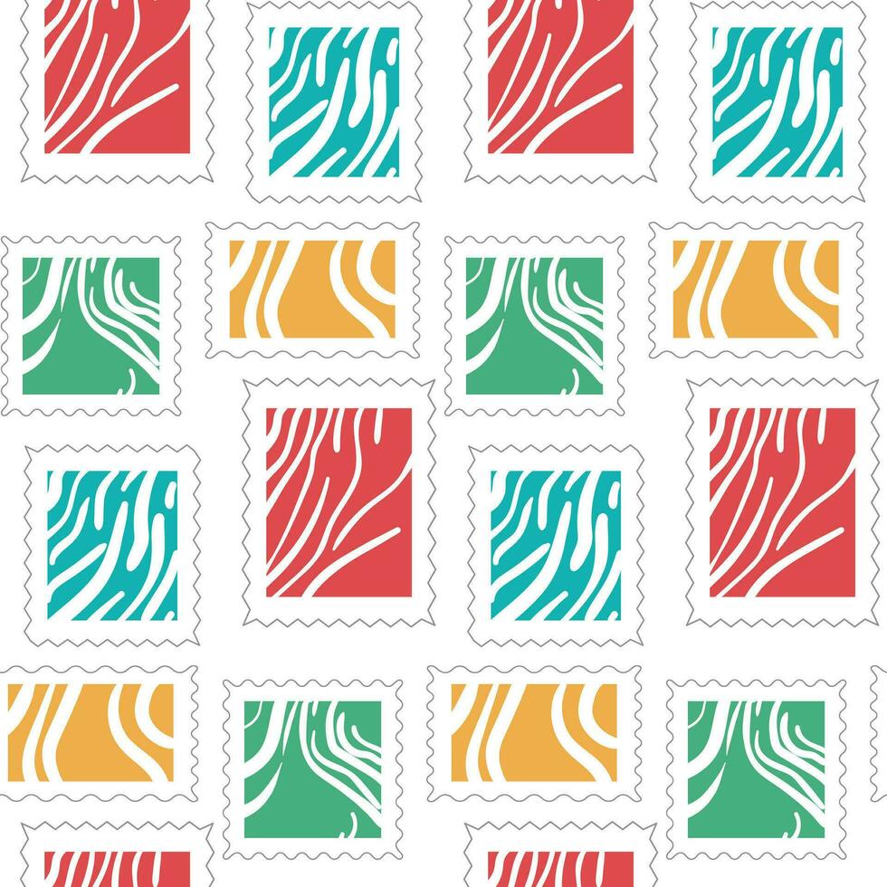 Seamless background for mailing lists with bright abstractions. Vector seamless pattern with postage stamps of square and rectangular shapes. Can be used as wallpaper or wrapping paper