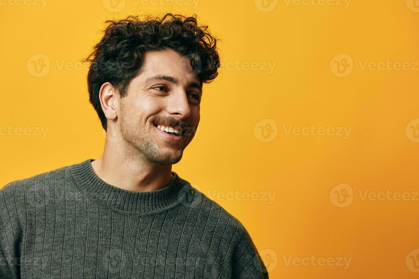 Head man portrait modern fashion sweater background student orange happy trendy young smile photo