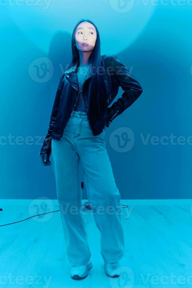 Colorful woman asian model hair fashion light hipster clothes trendy neon beauty photo