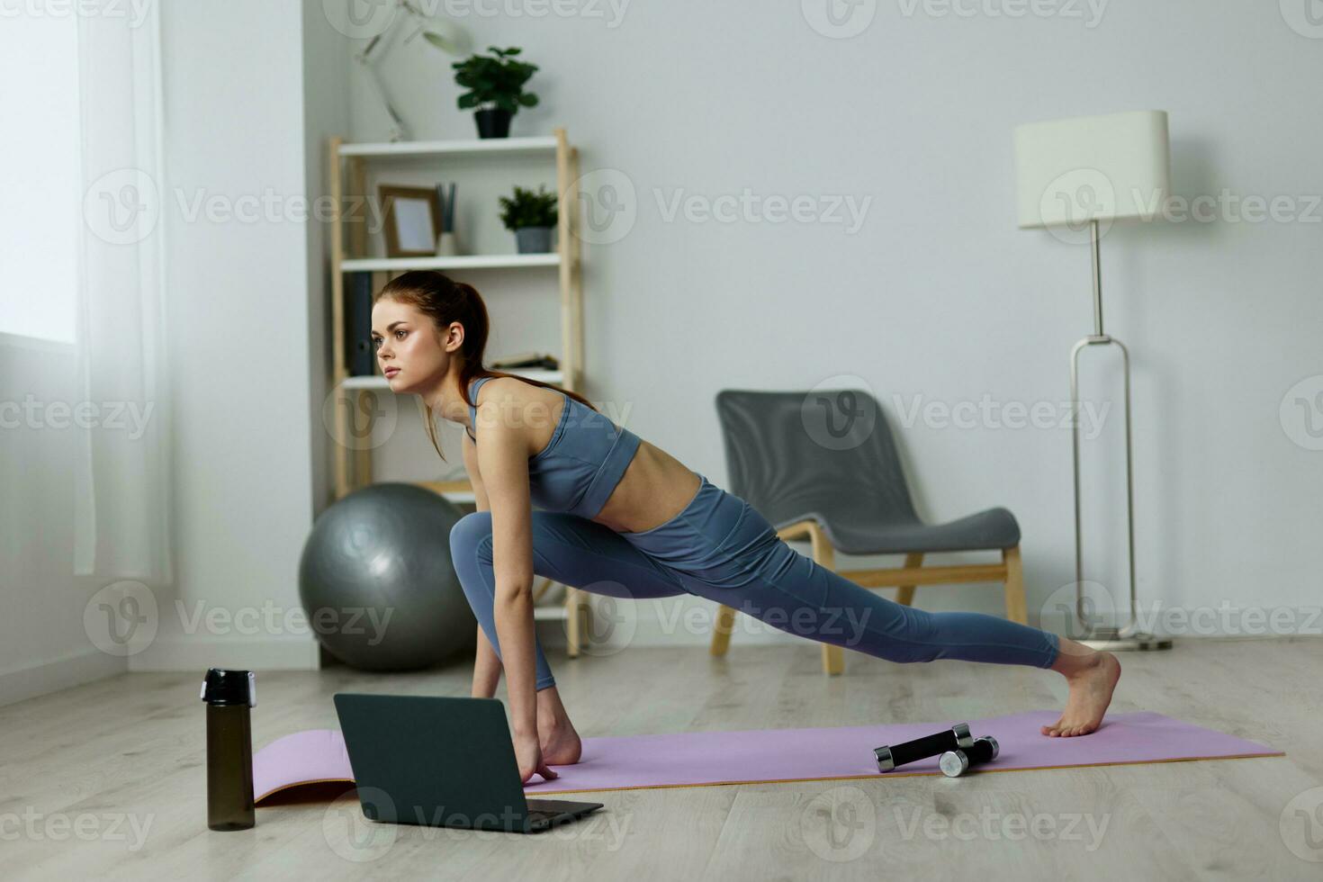training woman mat health yoga lifestyle laptop video physical lotus home photo
