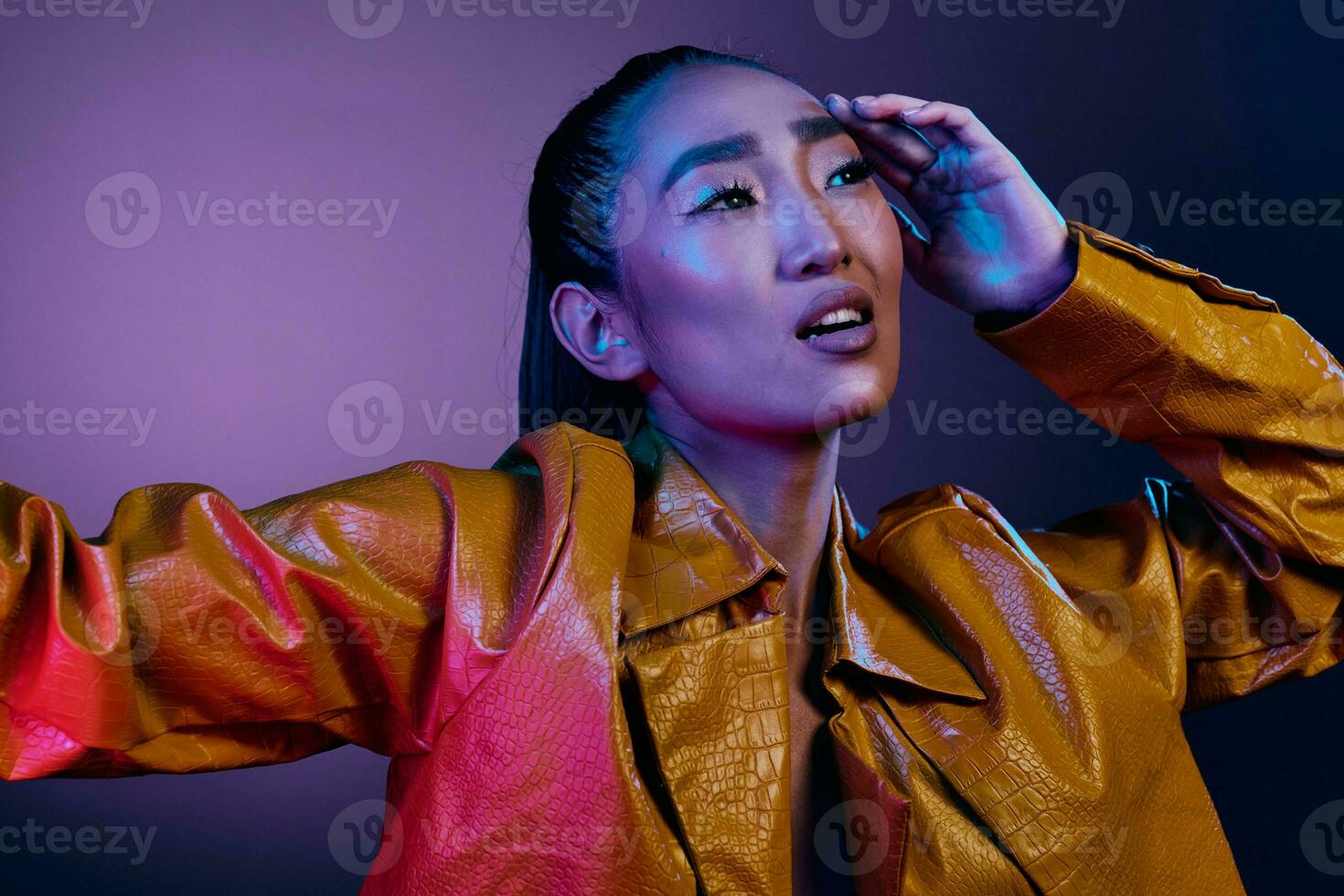 Colorful woman disco make-up blue luxury light fashion glamour beauty trendy asian neon purple photo