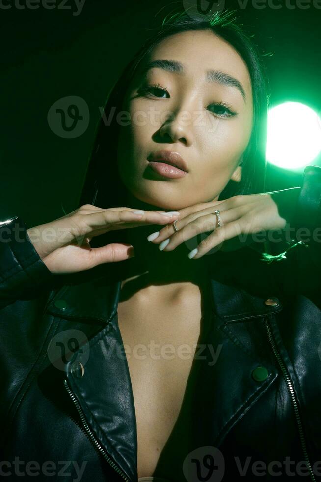 Trendy woman caucasian concept smoke green stylish neon colourful light art portrait photo