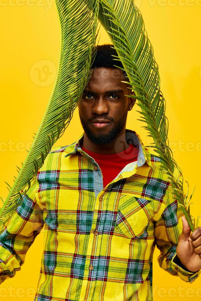 tropical man happy american palm stylish mood fun black yellow african tree fashion photo