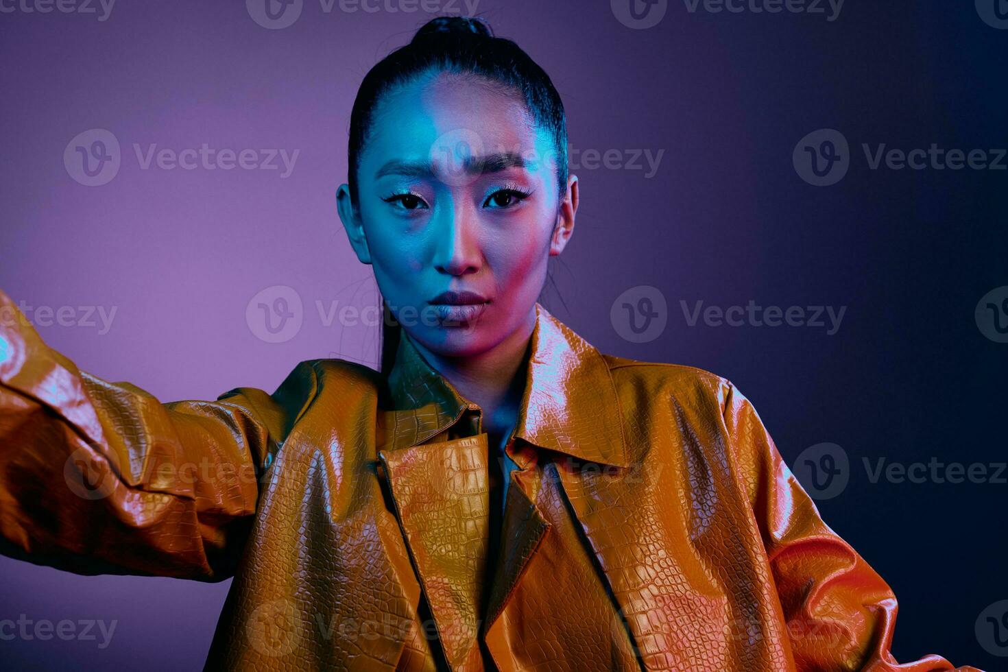 Fashion woman black light skin trendy colorful disco neon studio purple blue beauty photo