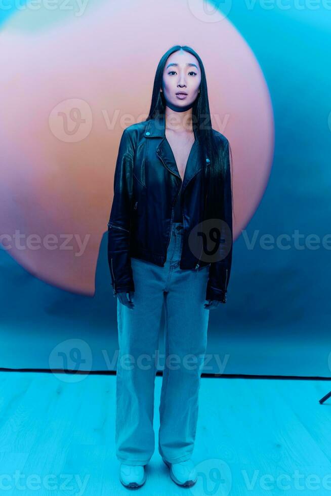 Hipster woman trendy colorful fashion asian photo