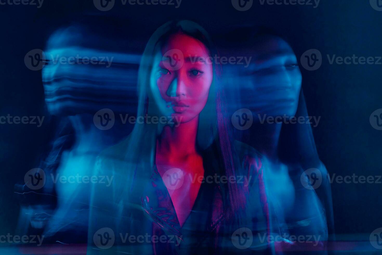 Woman blue young portrait red light neon fashion modern art concept colourful abstract trendy photo