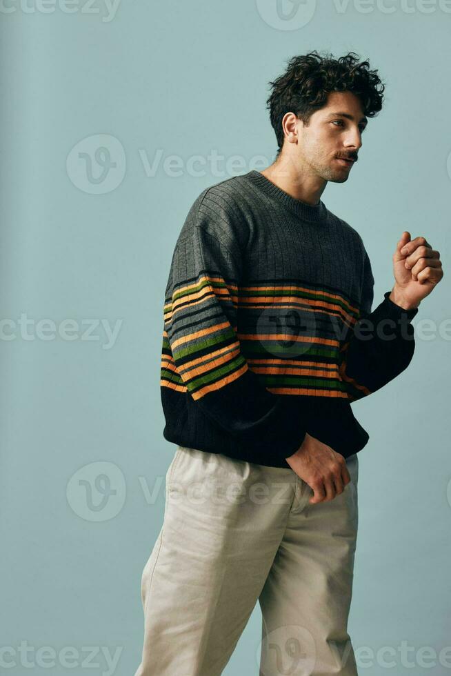 Sweater man hipster face standing gesture handsome fashion trendy smile portrait copyspace photo