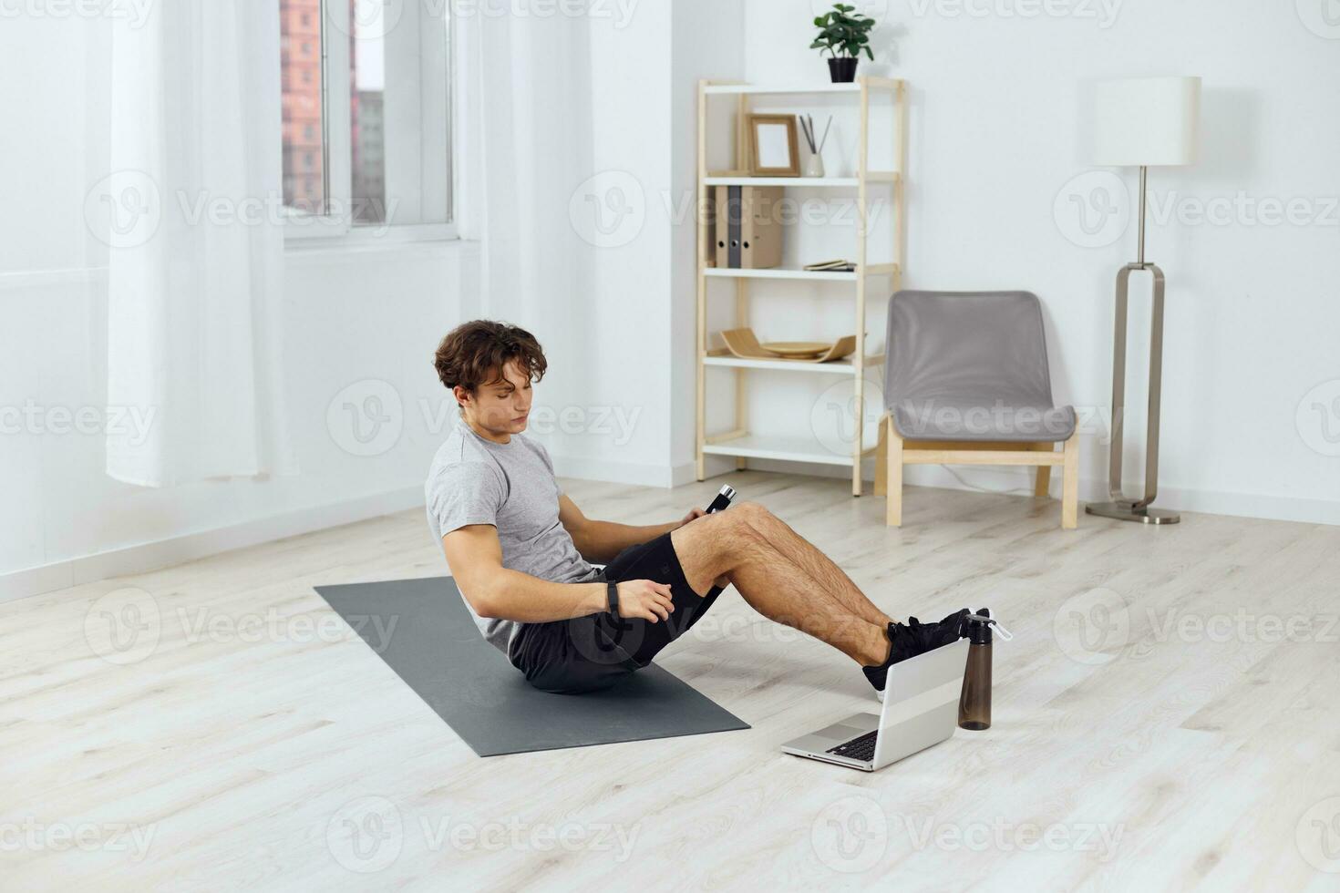 activity man indoor training health home dumbbells lifestyle gray sport strength photo