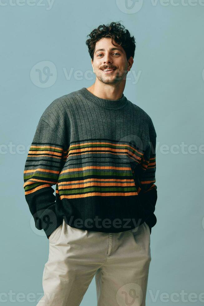 Hipster man smile fashion portrait beautiful sweater copyspace trendy happiness young face handsome photo