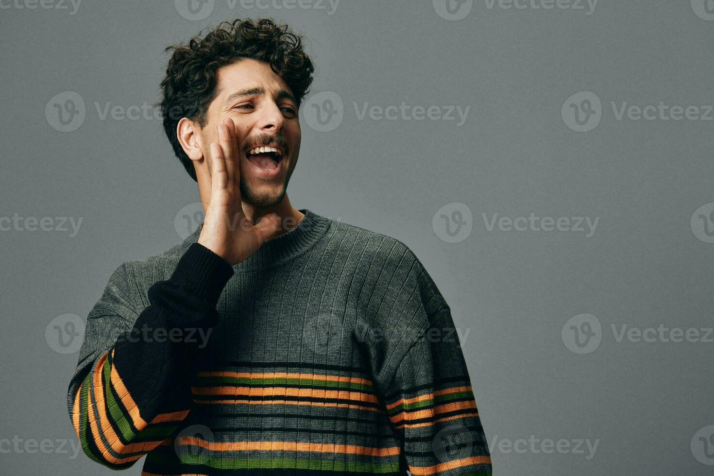 Man trendy fashion handsome sweater hipster portrait smile attractive copyspace face photo