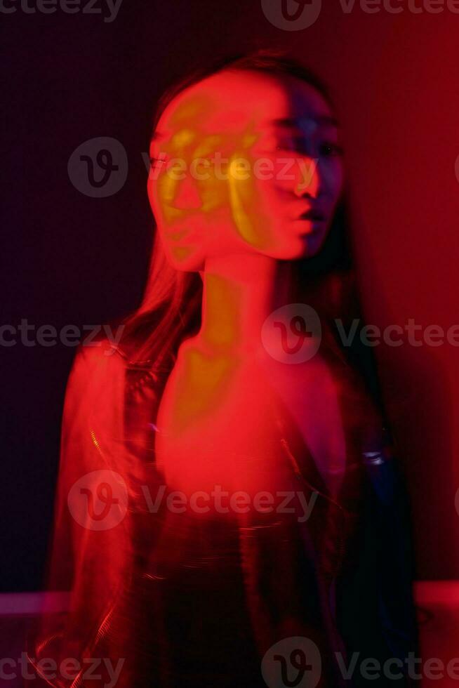 Woman portrait concept red caucasian night art neon light blue colourful trendy photo