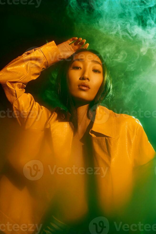 Art woman concept colourful trendy style smoke neon young white light portrait green photo