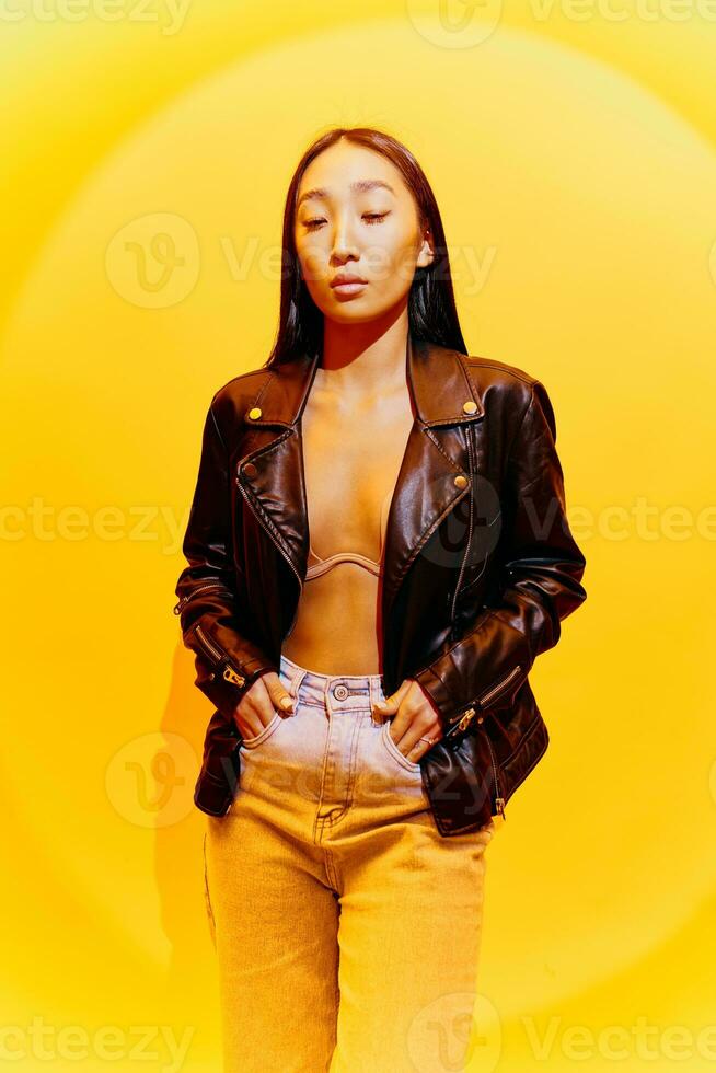 Hipster woman fashion colorful asian trendy yellow photo