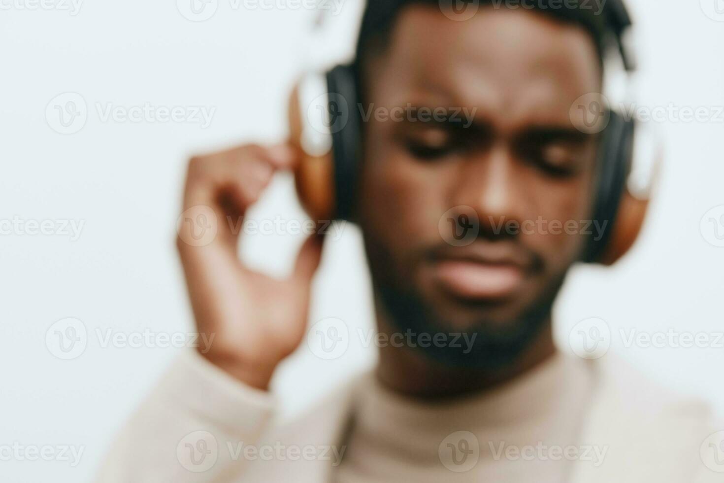 music man african portrait stylish headphones black american expression fashion guy dj background photo