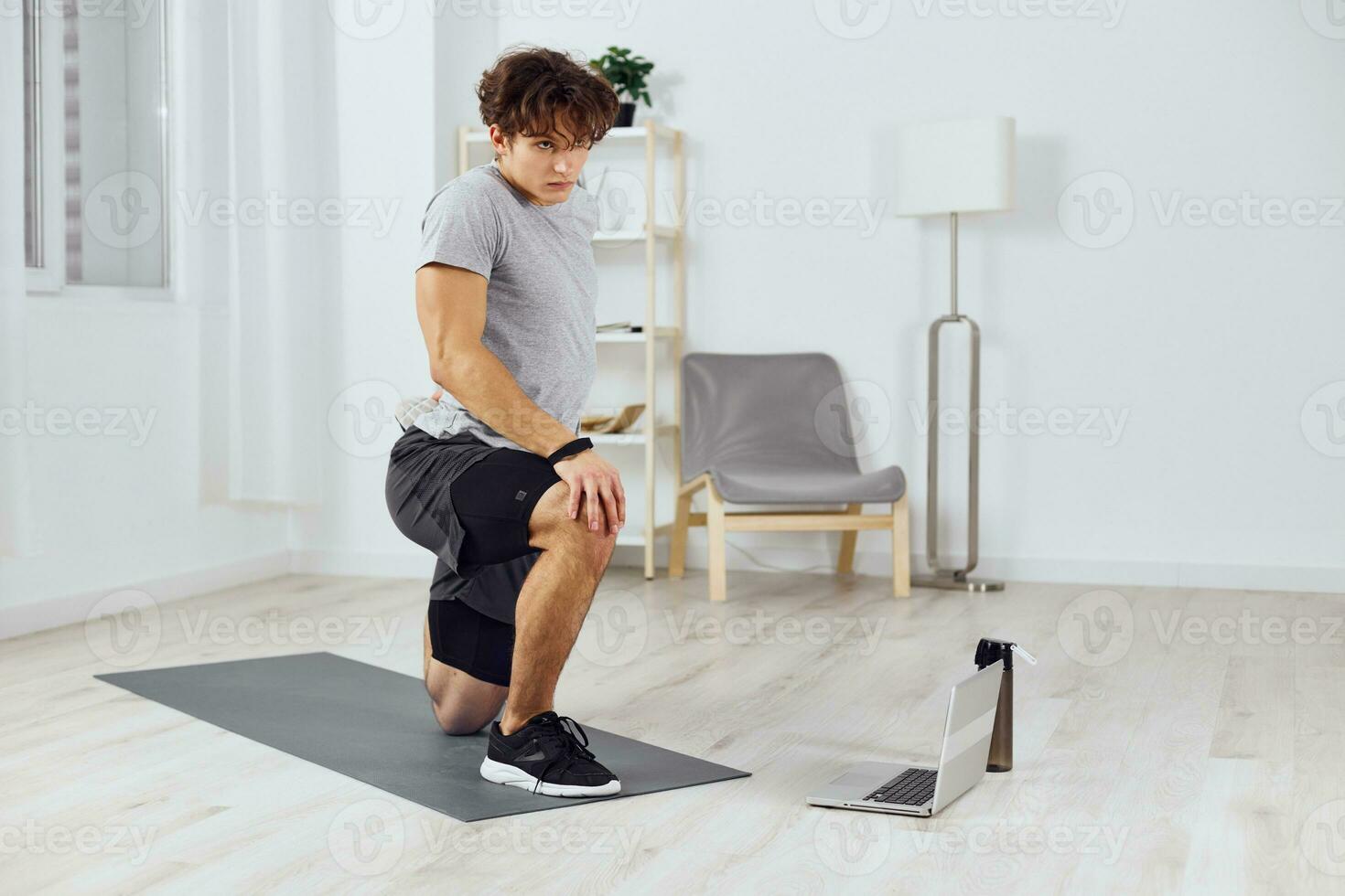 man home activity gray sport training health lifestyle exercise dumbbells indoor photo
