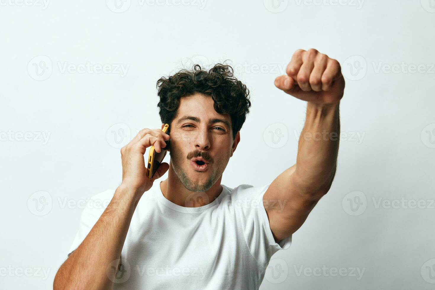 White man hipster connection portrait phone christmas message technology happy t-shirt lifestyle online confident photo