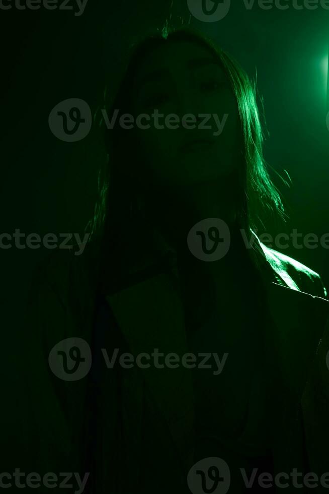 Woman green smoke trendy portrait concept neon colourful photo