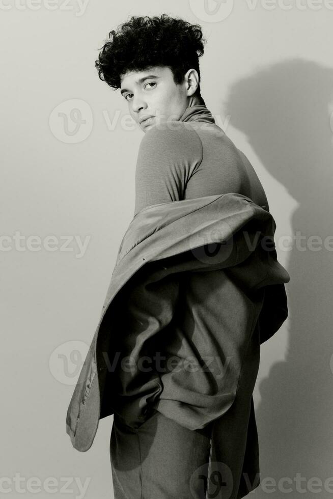 Guy man trend suit style and trendy grey clothing pose white studio beauty black fashion handsome photo