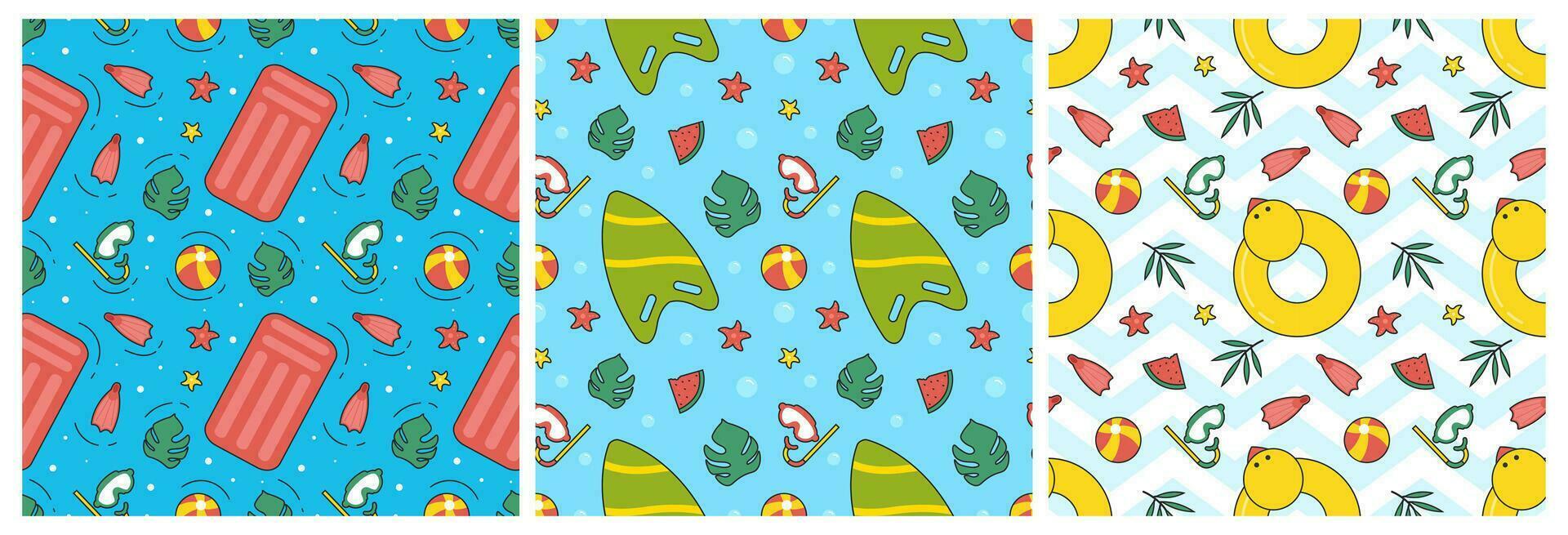 Set of Swimming Pool Seamless Pattern Vector Illustration with Summer Vacation Element in Flat Cartoon Template Hand Drawn