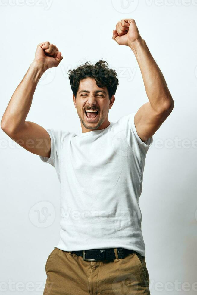 Man fashion background portrait isolated t-shirt smile white photo
