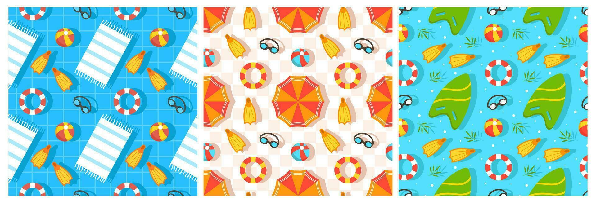 Set of Swimming Pool Seamless Pattern Vector Illustration with Summer Vacation Element in Flat Cartoon Template Hand Drawn