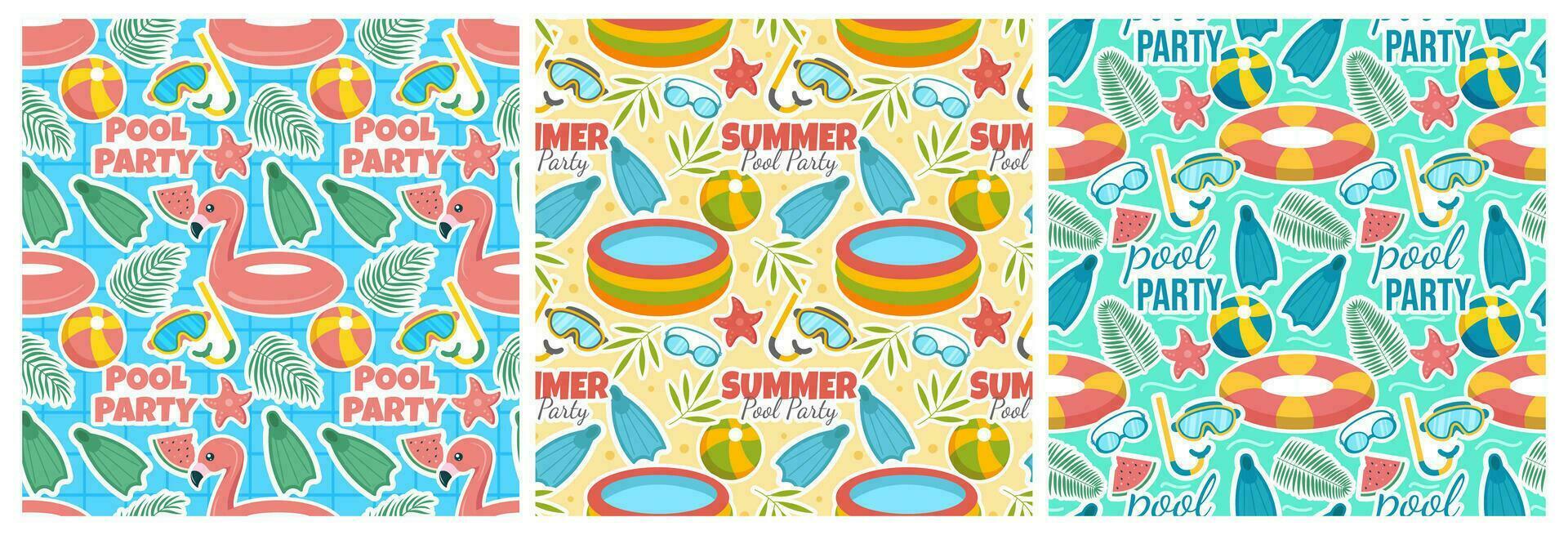 Set of Swimming Pool Seamless Pattern Vector Illustration with Summer Vacation Element in Flat Cartoon Template Hand Drawn