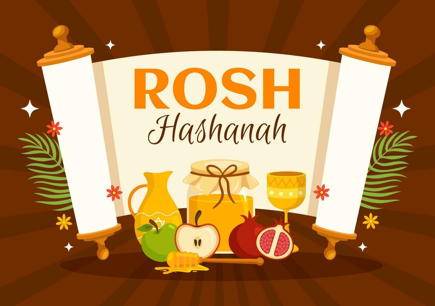 Happy Rosh Hashanah Vector Illustration of Jewish New Year Holiday with Apple, Pomegranate, Honey and Bee in Flat Cartoon Hand Drawn Templates