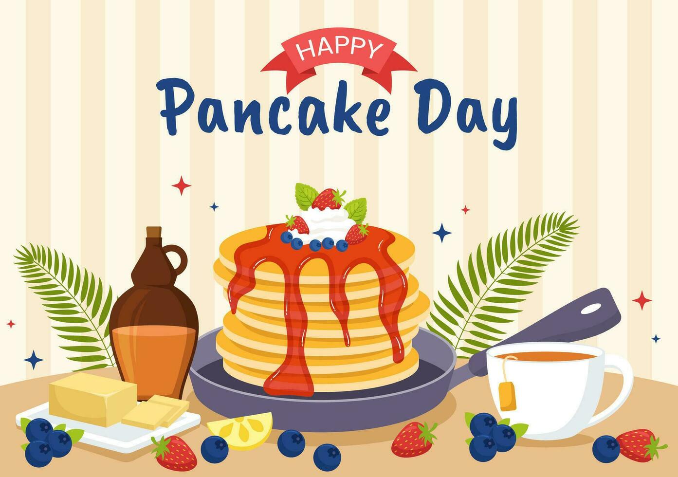 Pancake Day Vector Illustration a Plate of Pancakes Topped with Syrup, Cherries and Blueberries in Homemade Bakery Flat Cartoon Hand Drawn Templates