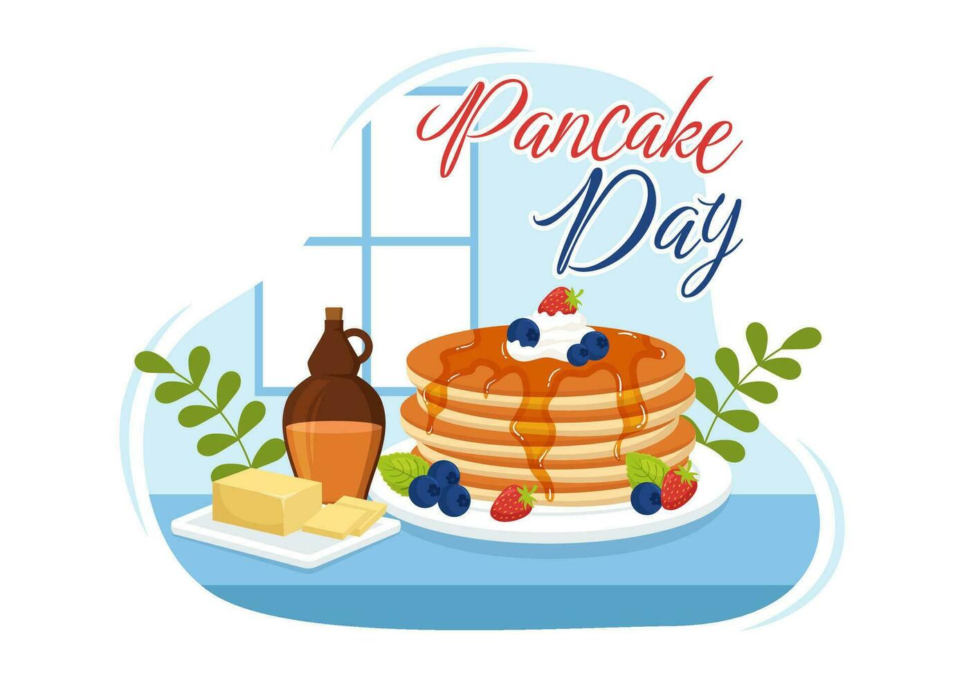 Pancake Day Vector Illustration a Plate of Pancakes Topped with Syrup, Cherries and Blueberries in Homemade Bakery Flat Cartoon Hand Drawn Templates