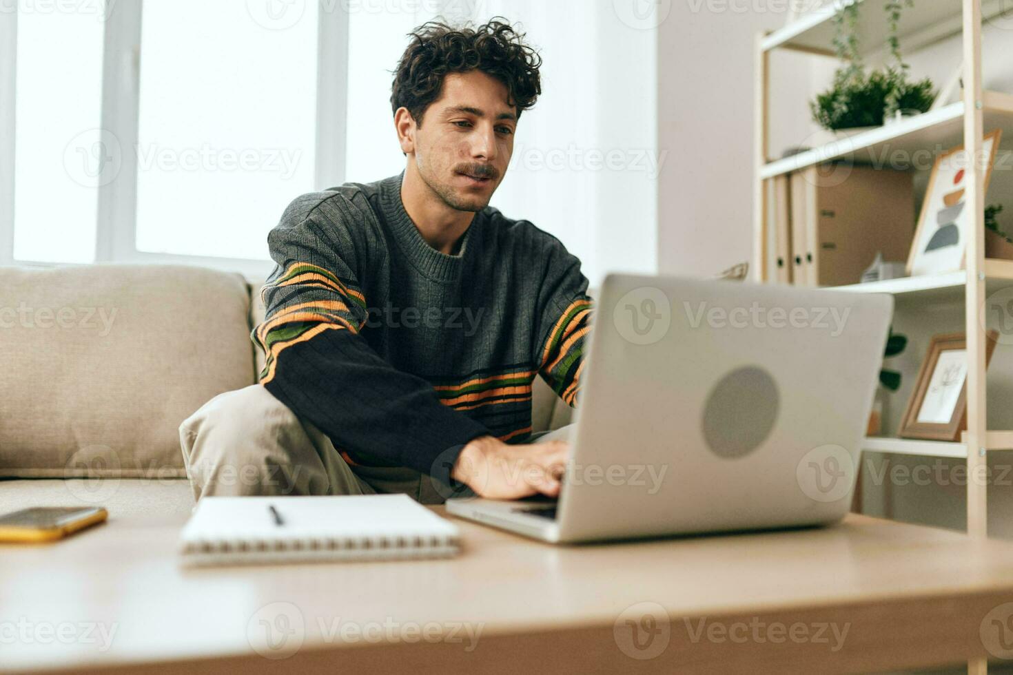 Freelance man happy business couch online computer relaxation handsome laptop young home smile working photo