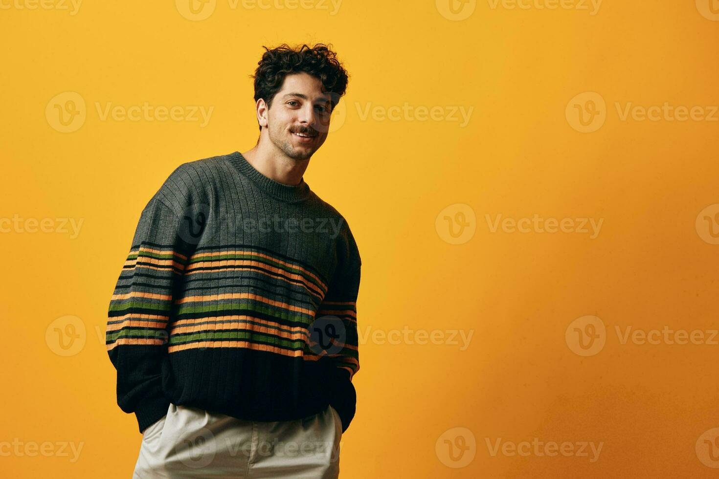 Man background orange happy trendy sweater portrait smile fashion photo