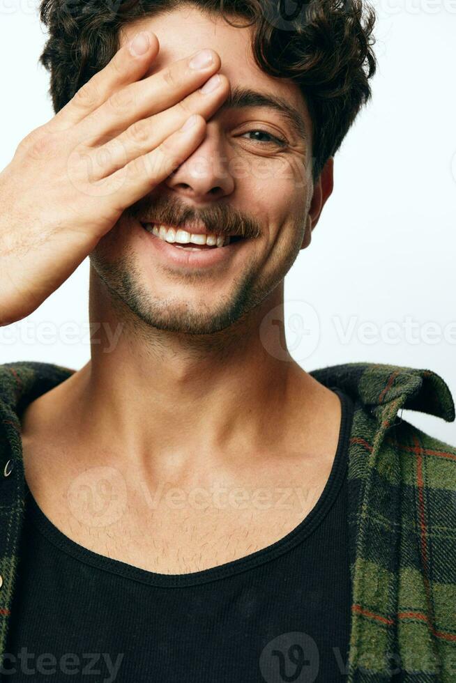 Hispanic man fashion shirt smile copyspace hipster trendy portrait face handsome photo