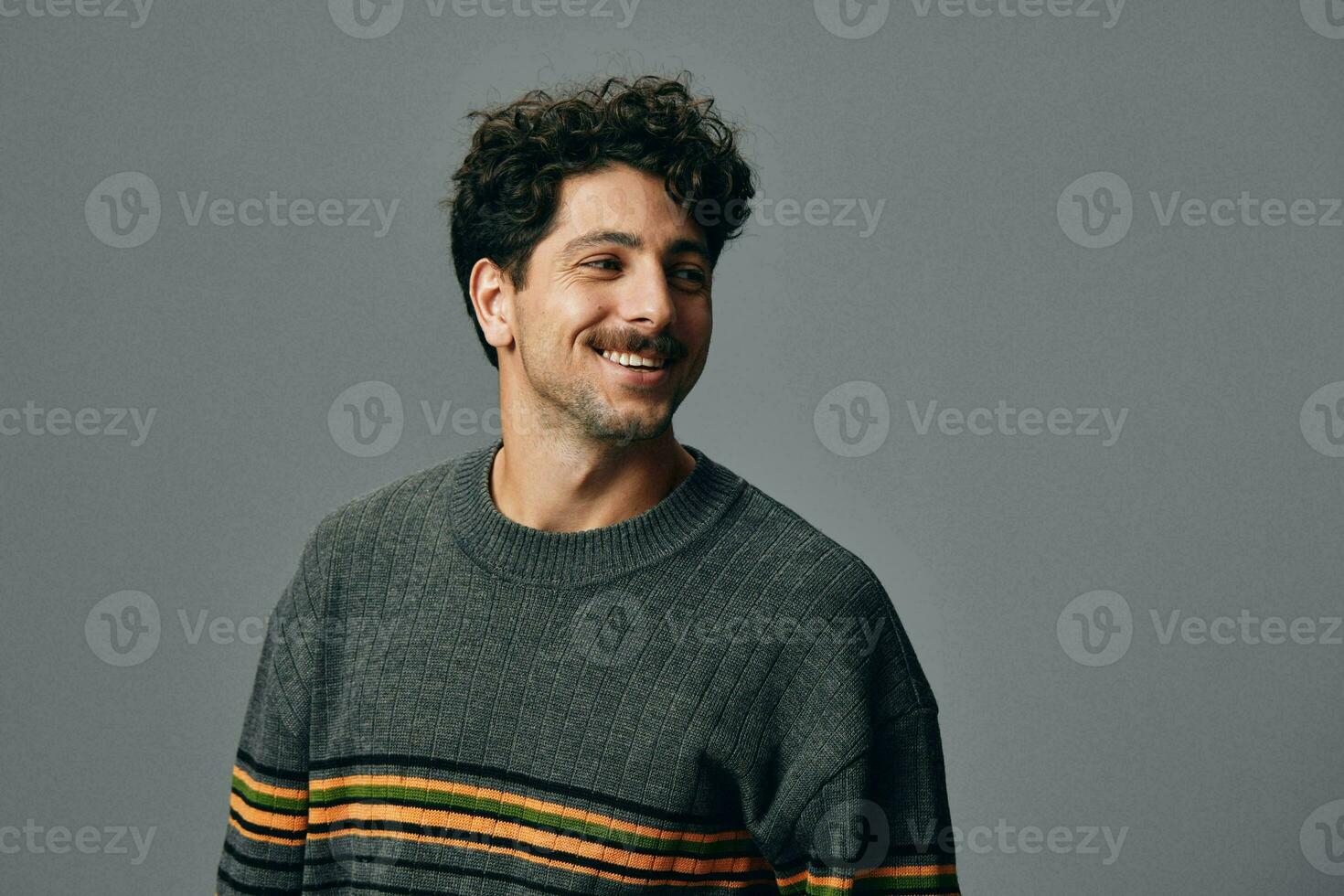 Copyspace man trendy stylish hipster style positive smile portrait fashion handsome guy sweater face photo