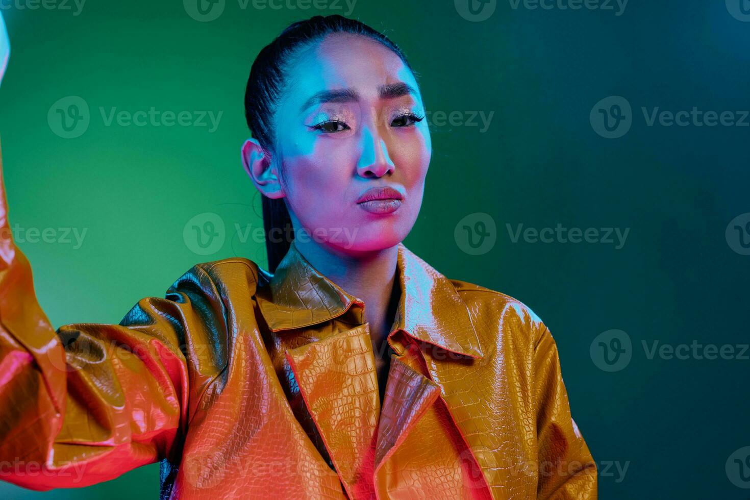 Woman colorful disco beauty neon background light fashion photo