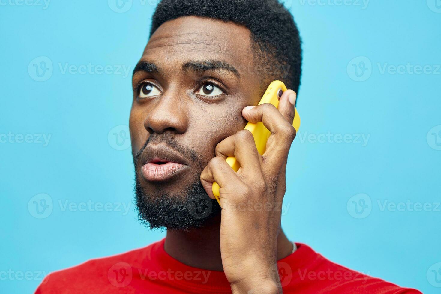 man happy african phone black model technology young background isolated smile mobile photo
