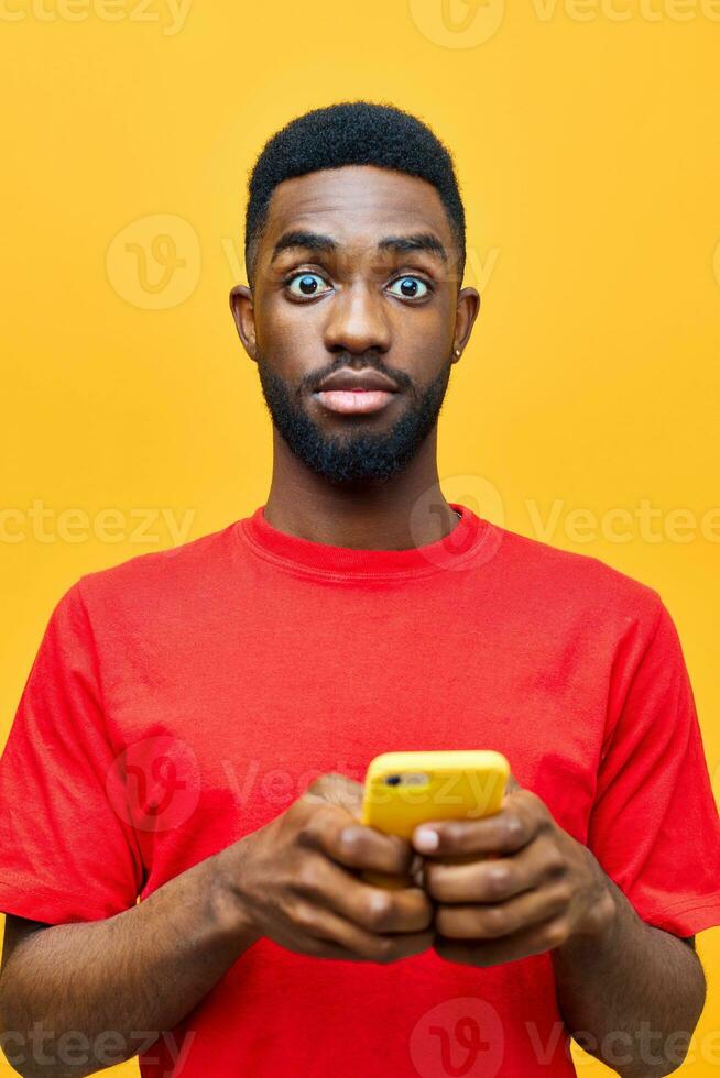 mobile man hipster yellow mockup black happy young african phone technology background photo