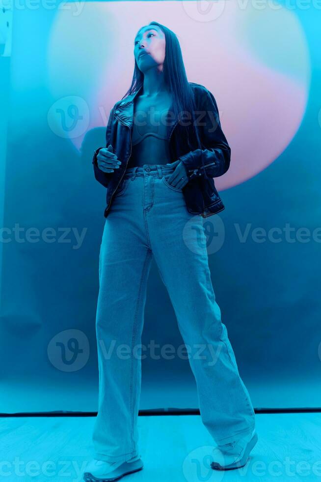 Hipster woman asian colorful beauty light trendy fashion photo