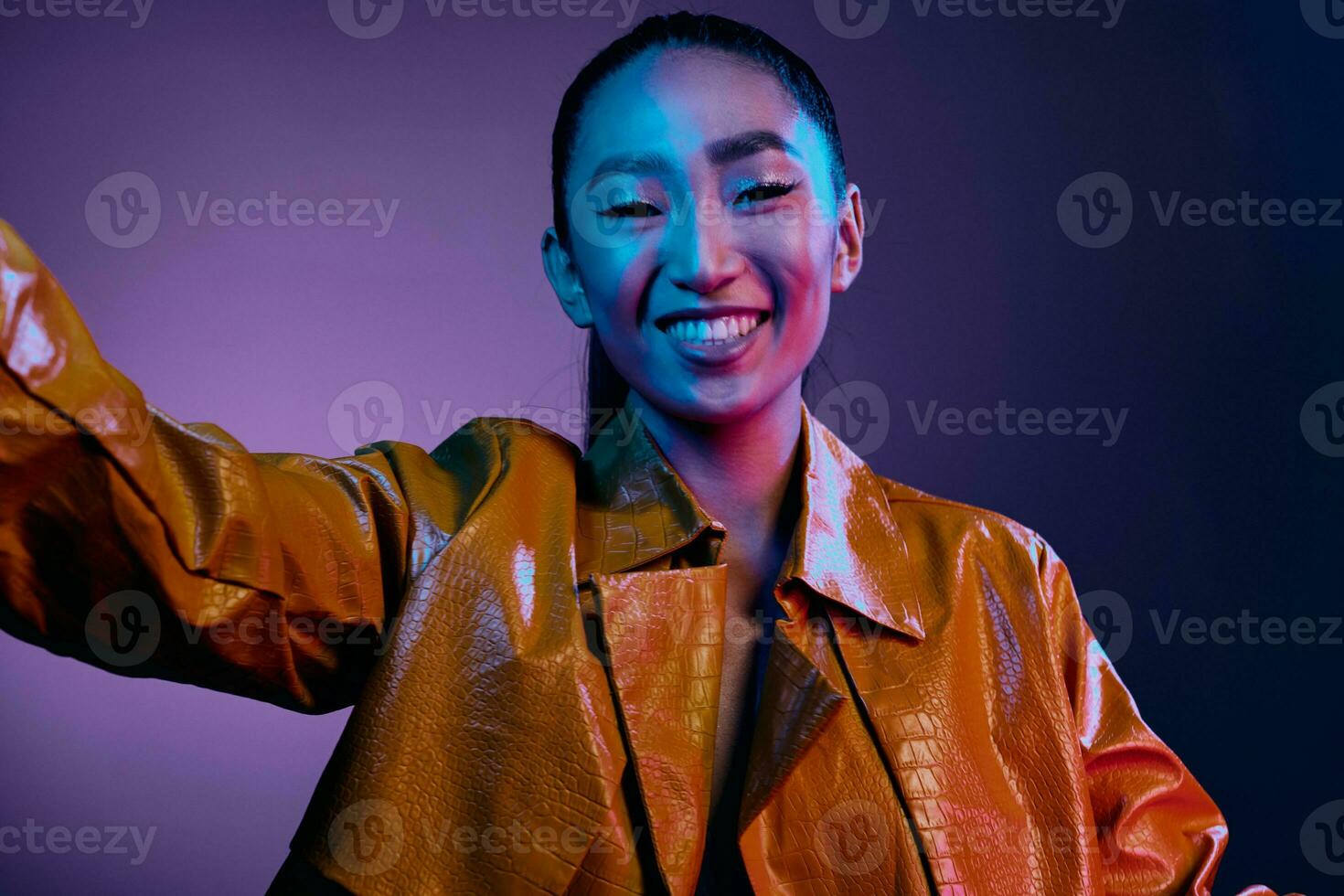 Lady woman purple fashion beauty disco light style trendy background neon blue colorful photo
