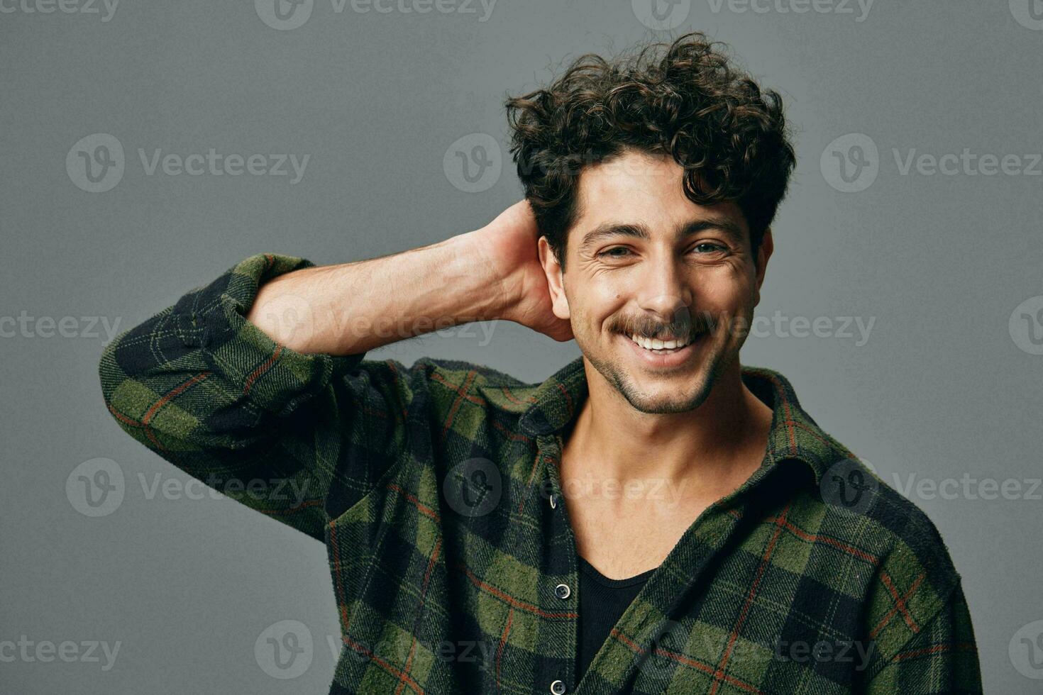 Portrait man studio copyspace adult handsome background hipster trendy face smile caucasian shirt fashion photo