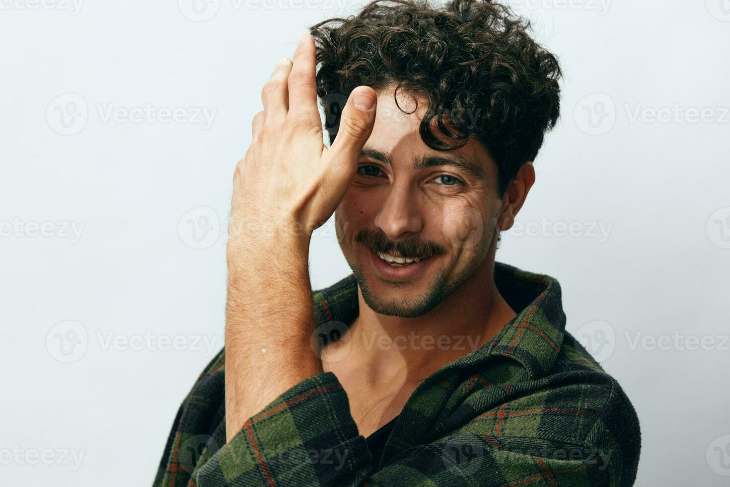 Man joyful smile copyspace face trendy shirt fashion hipster portrait handsome photo