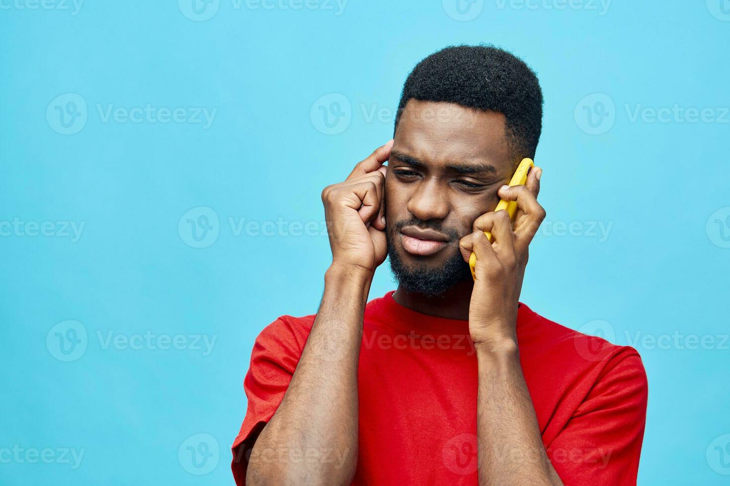 man young background cellphone smile black blue phone happy mobile african technology photo